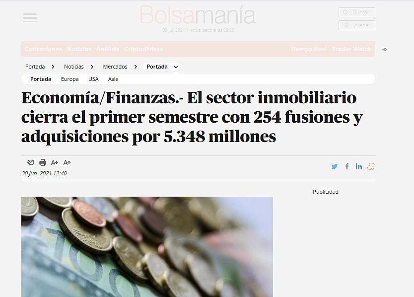 El sector inmobiliario cierra el primer semestre con 254 fusiones y adquisiciones por 5.348 millones